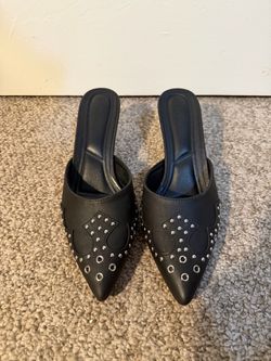 Black Leather Western Stud Pointed Toe Mules, US 9
