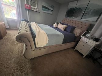 Queen bed frame, two end tables