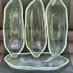 Vintage Heavy Clear Pressed Glass Corn Cob Holder Dishes Set Of 4
