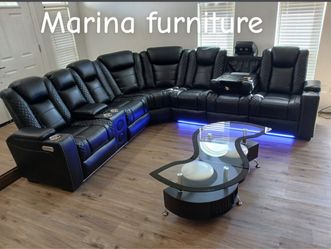 Black Leather Reclining Sectional Sofa with LED Lights