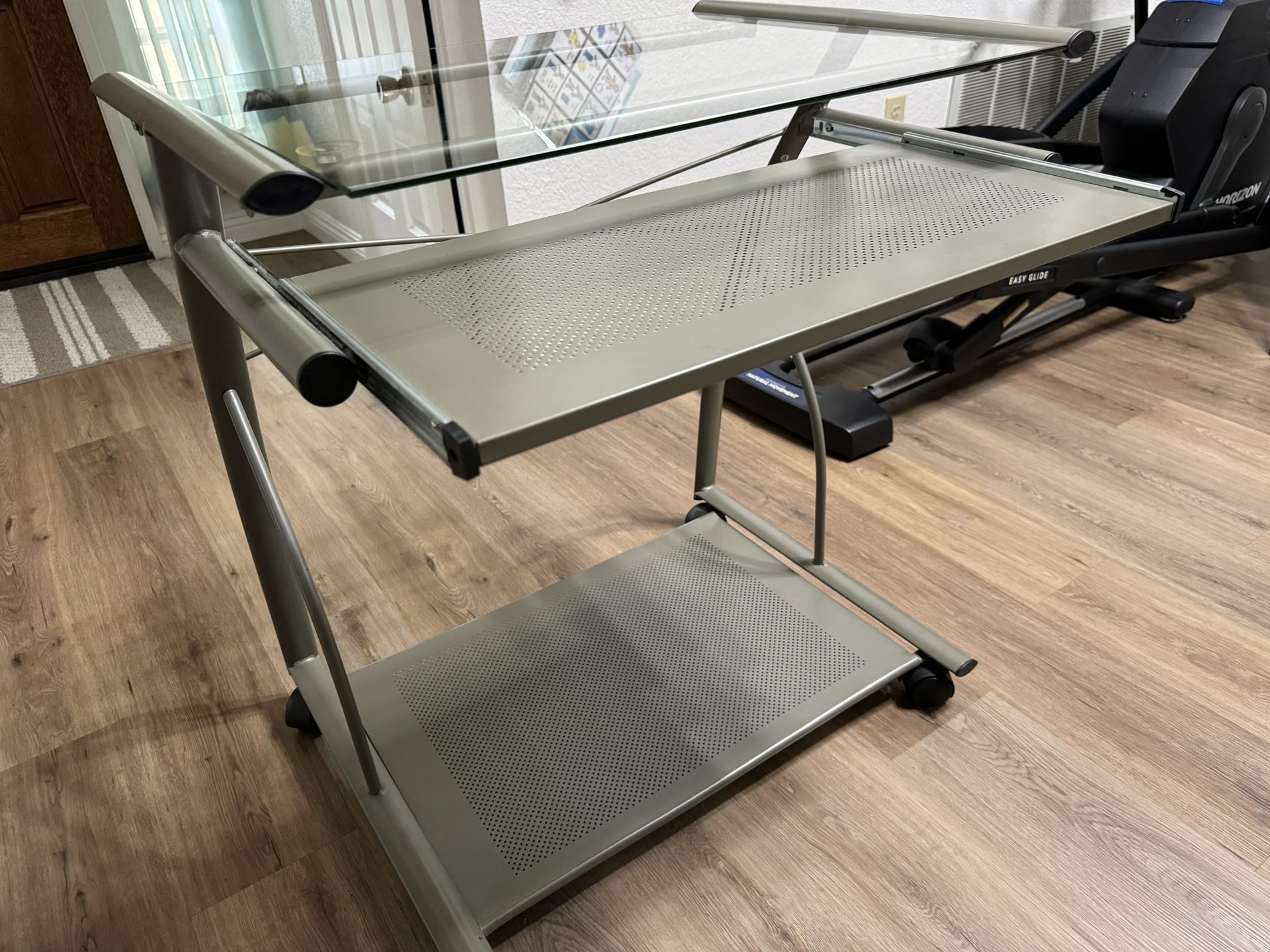 Computer Table For Desktop Or Laptop. Metal Gray Color With Sliding Keyboard Panel. 