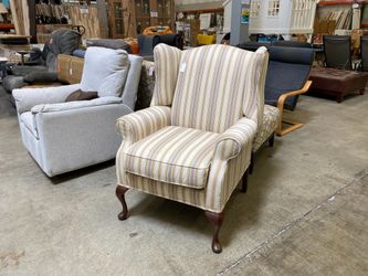 LAURA ASHLEY Purple and Yellow Pinstriped Wingback Chair