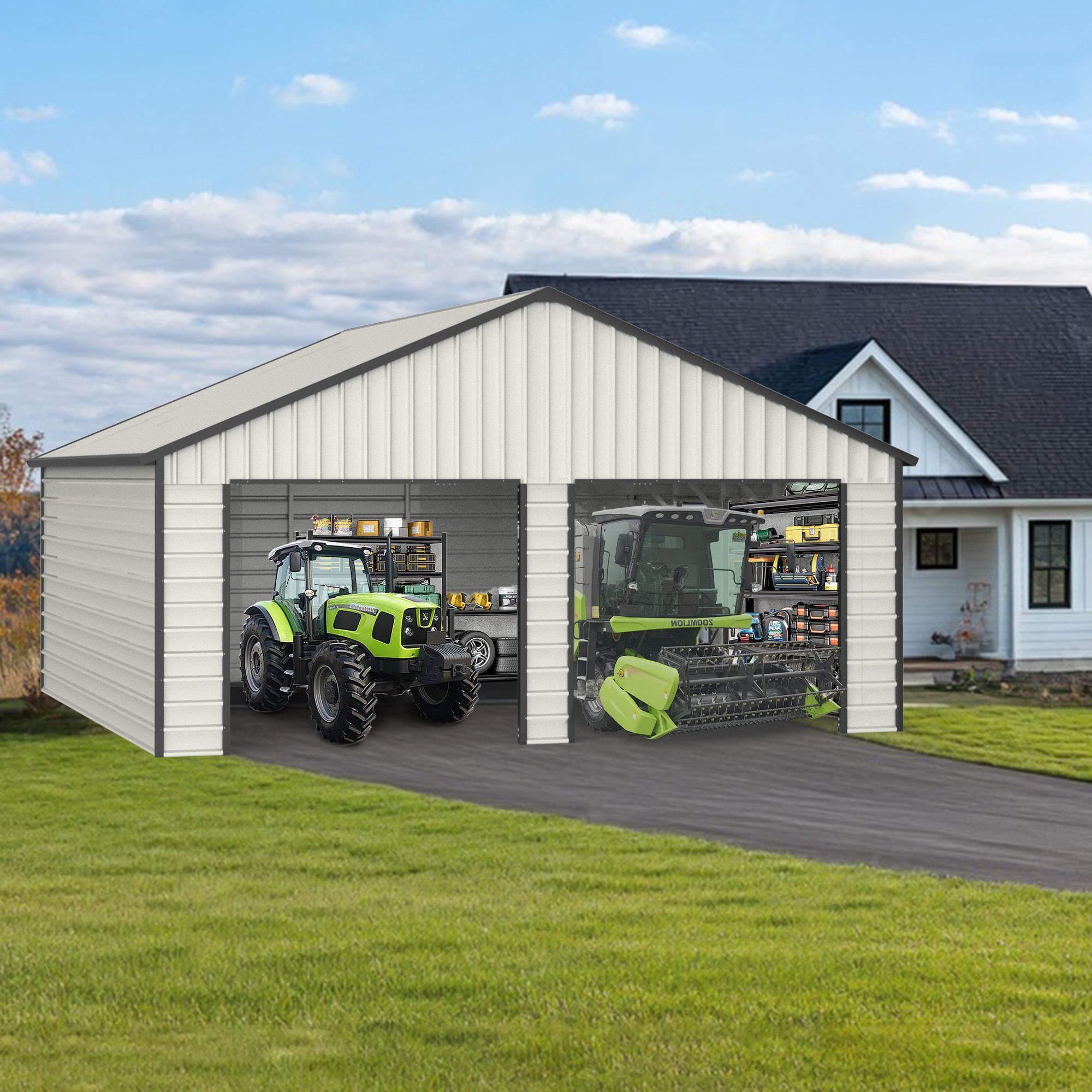 23FT x 22FT Double Door Garage Metal Shed with Side Entry Door,Can Storage Power Tools, Motorized Machinery, Farm Equipment, Pick Up Truck