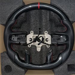 Heated Steering Wheel for Dodge Ram 1500 TRX 2021-2024 Hydro-Dip Carbon Fiber D-shaped Flat-bottom Perforated Leather Grip Hand-Stitched Fit for Ram 1