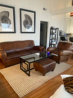Potter Barn Brown Leather Sofa, Chair, and Ottoman Set