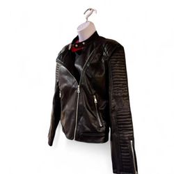 Fashion Nova Black Faux Leather Moto Jacket Quilted Sleeves Ladies L NWT