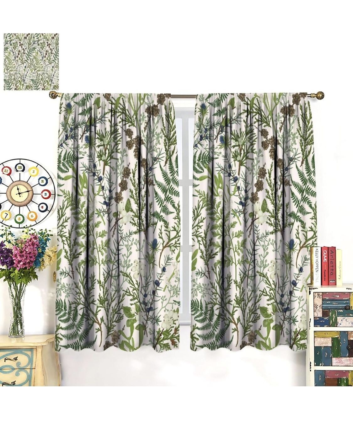 Retro Botanical Curtains Rustic Farmhouse Green Leaves Vintage Plants Aesthetic Bedroom Living Room Bathroom Blackout Rod Pocket Decoration Window Dra