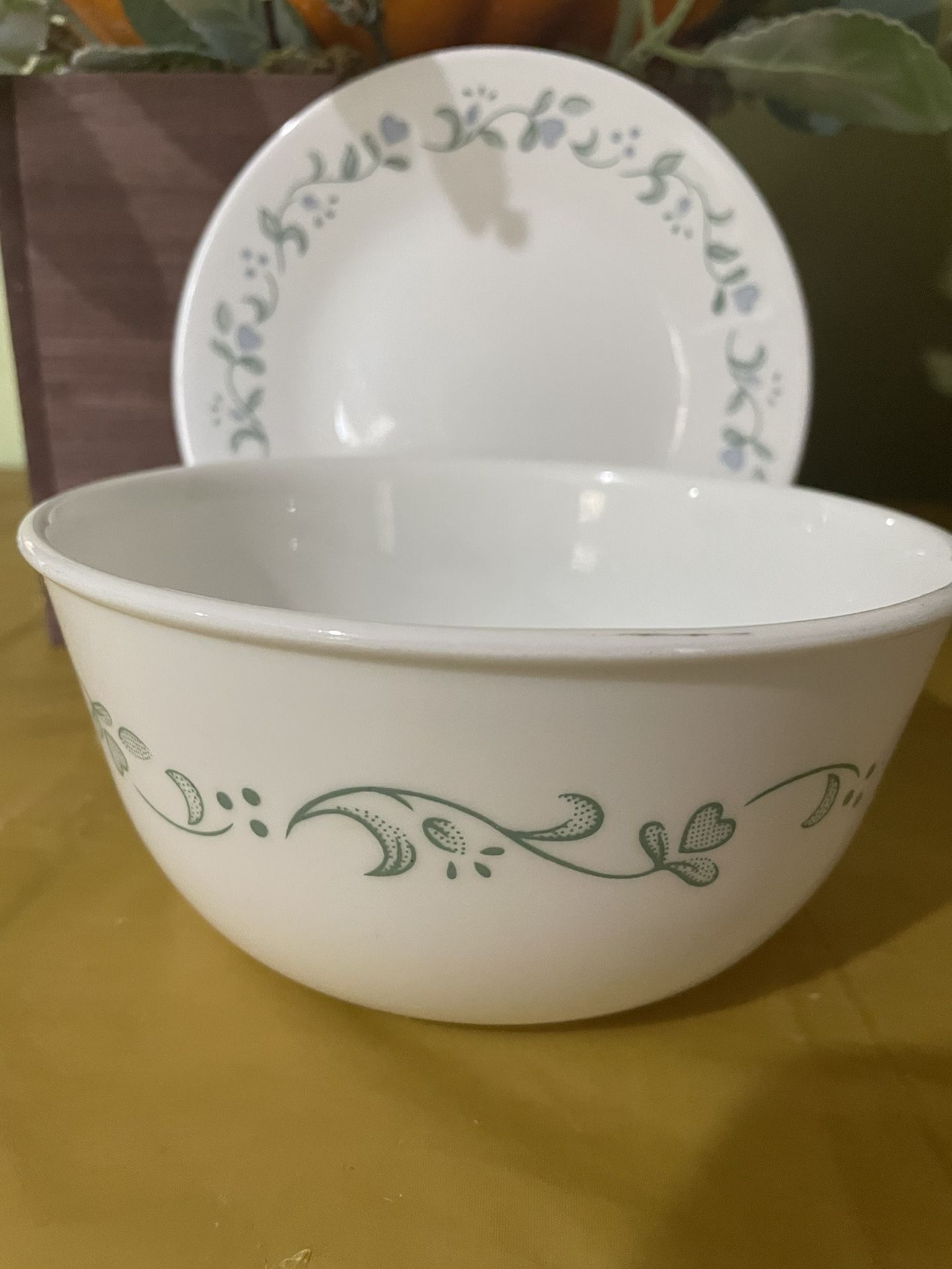 Cornell Deep Soap Or Cereal Bowl With tu Dish. Green Leaves Floral Design