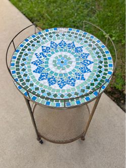 Mosaic Tile Rolling Patio Bar Cart / Serving Table - Vintage Style