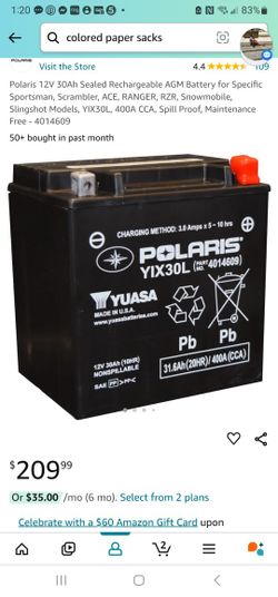 BRAND NEW -Polaris 12V 30Ah Sealed Rechargeable AGM Battery for Specific Sportsman, Scrambler, ACE, RANGER, RZR, Snowmobile, Slingshot Models, YIX30L,