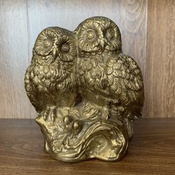 Vtg Ethan Allen Brass Owl + Owlet Raptor Bird Duo Perched on Log Statue Very Good Condition