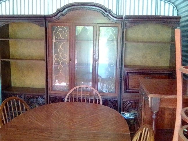 Large Vintage 3 PC Wood China Cabinet With Glass Doors + Dining Table 8 Chairs