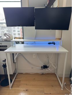 40” White computer desk with LED light & Outlets