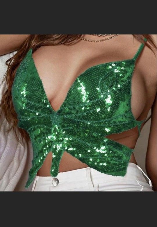 Green Sequins Butterfly Top
