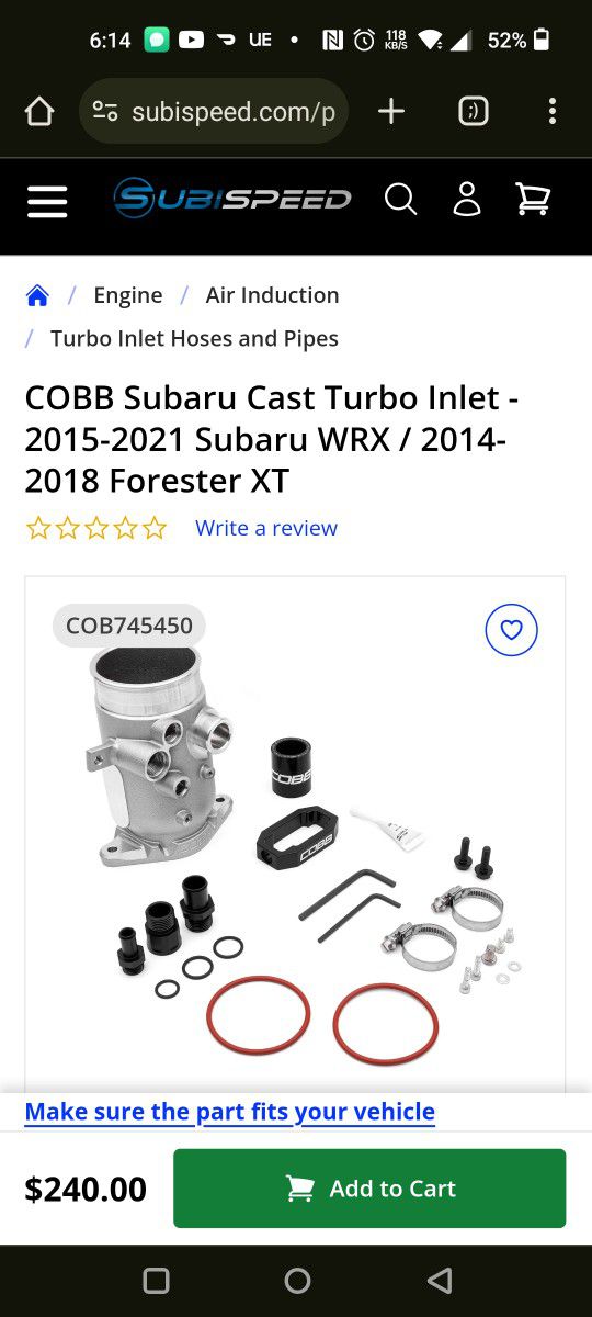 2020 subaru wrx COBB cast turbo inlet