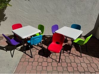 Kids outdoor table sets (stacking/folding). Lifetime. 8 seats, 2 tables.