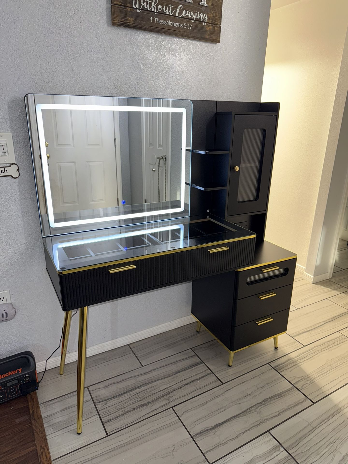 BRAND NEW!! Black & Gold Makeup Vanity with LED Mirror, 5 Drawers, Cabinet, 2 shelves, & Glass Top