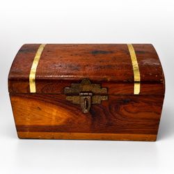 Vintage Cedar Wood Mini Treasure Chest Brass Bands Keepsake Box