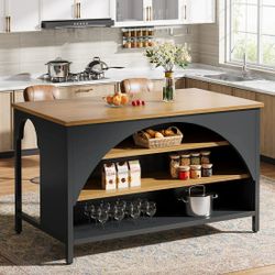 Kitchen Island with 3 Storage Shelves, 55" W Kitchen Shelf with Large Countertop and Seating Area, Modern Wooden Coffee Bar Table, Brown and Black