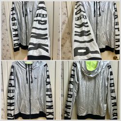 Victoria’s Secret Love P I N K  Silver Shimmer Full Zip Hooded Jacket Size Large