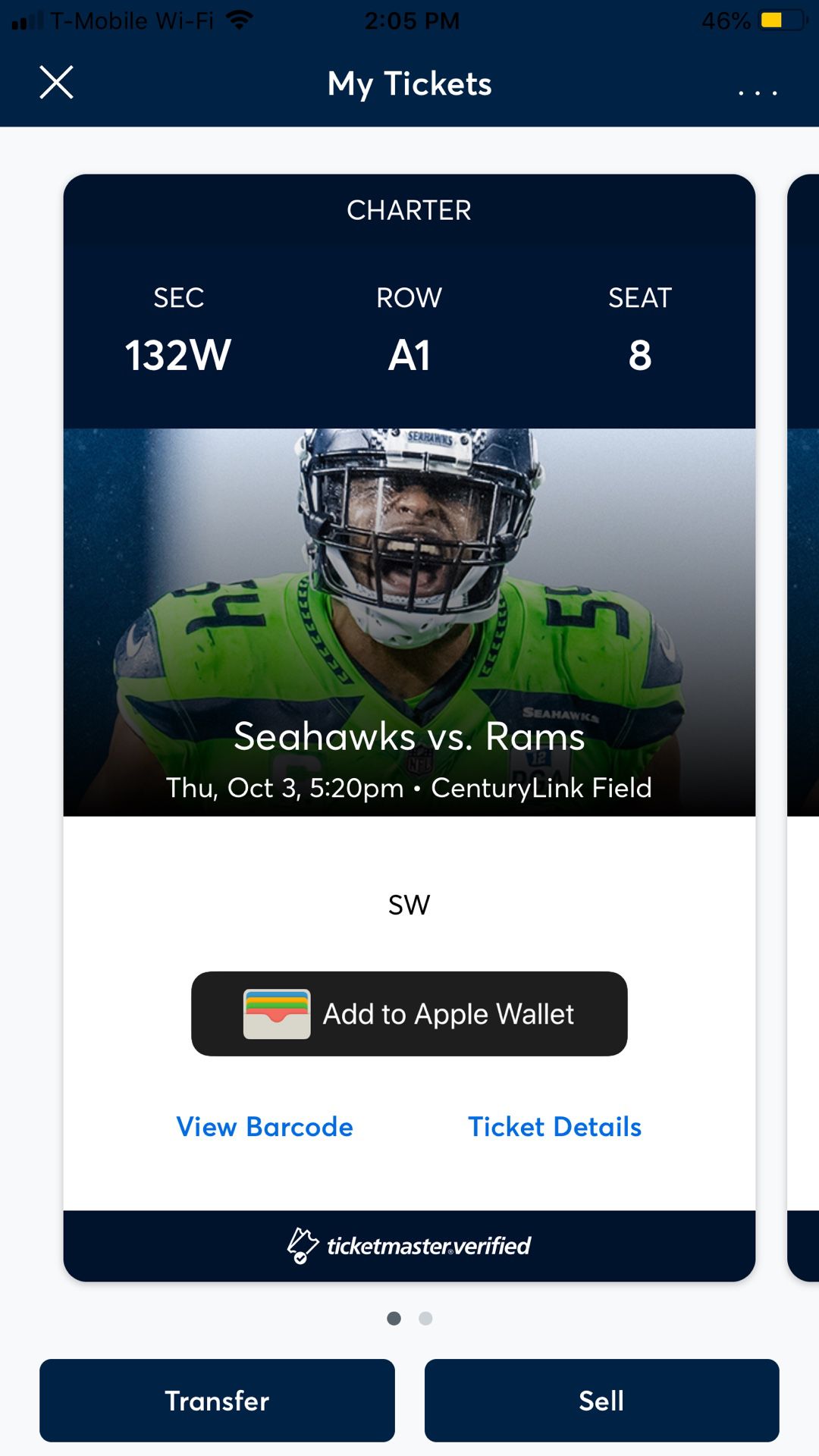 Two GREAT Seahawks vs Rams tickets. Front Row!!