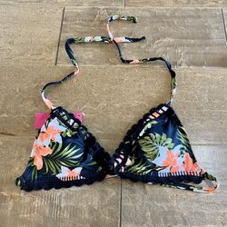 Xhilaration Women’s Crochet Floral Print Bikini Swim Top Black & Orange NWT