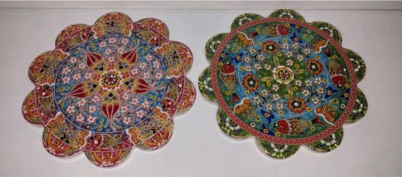 Set Of 2 Hand Painted Raised Detail Tiles 