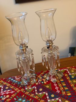 Vintage Crystal Hurricane Boudoir Table Lamps – Matching Pair w/ Hanging Prisms