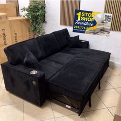 Convertible Sectional Sofa With Pull-out Bed & Storage Black, Dark Grey & Ivory Corduroy 