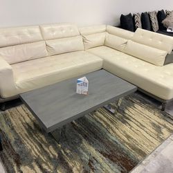 White Leather Light Gray L Shaped Sectional 