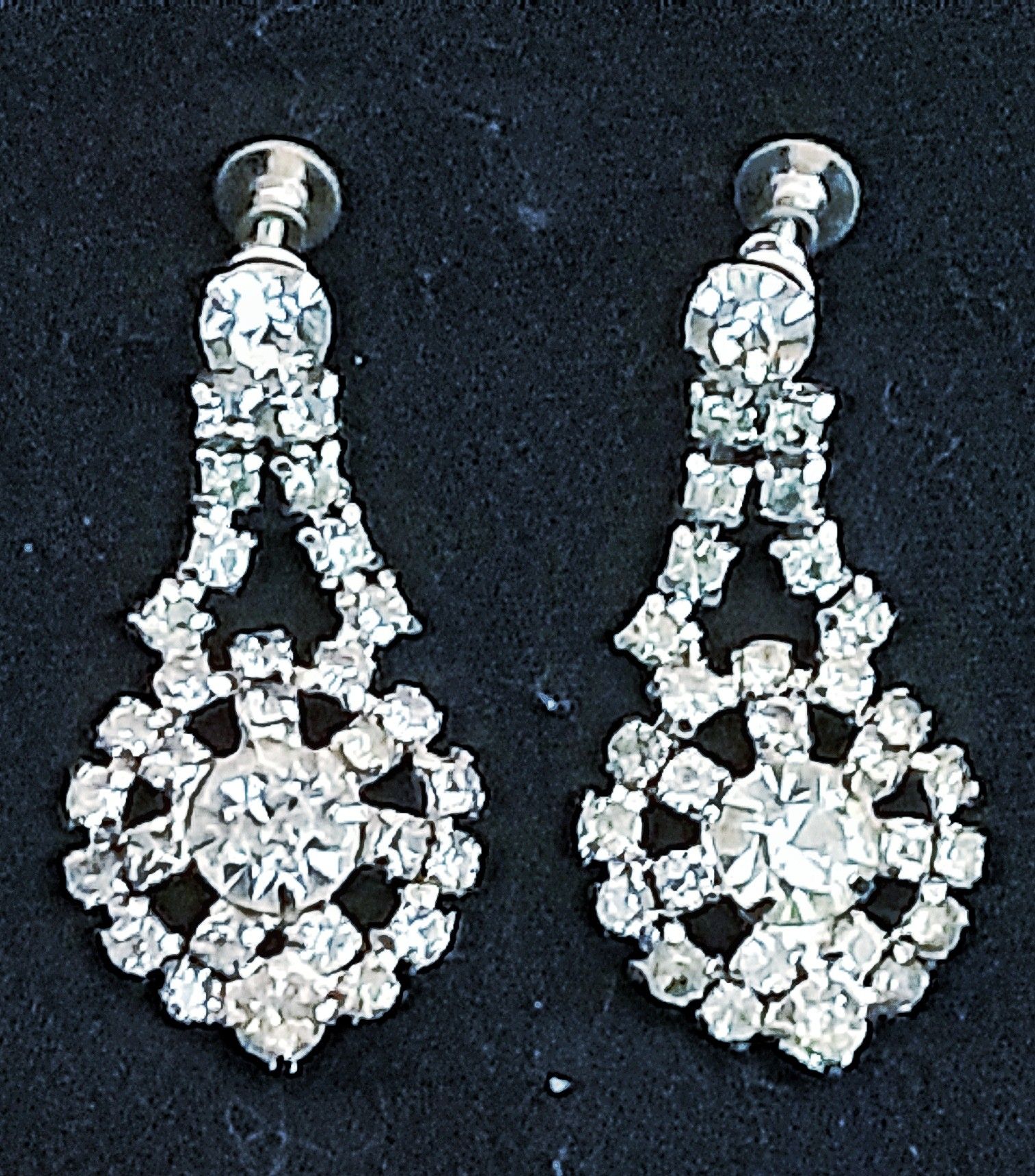 Vintage RHINESTONE EARRINGS w screw backs silver settings and clear stones. 5" W x 1.75" L