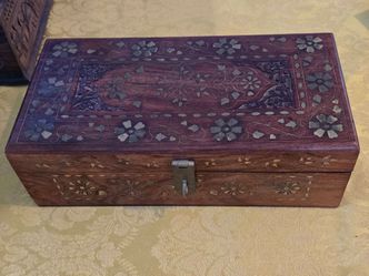 Carved Wooden Box with Brass Inlay