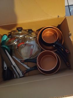 Box of used Copper pots and pans w/lids etc