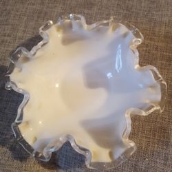 Vintage Fenton Silver Crest Ruffled Edge Milk Glass Bowl