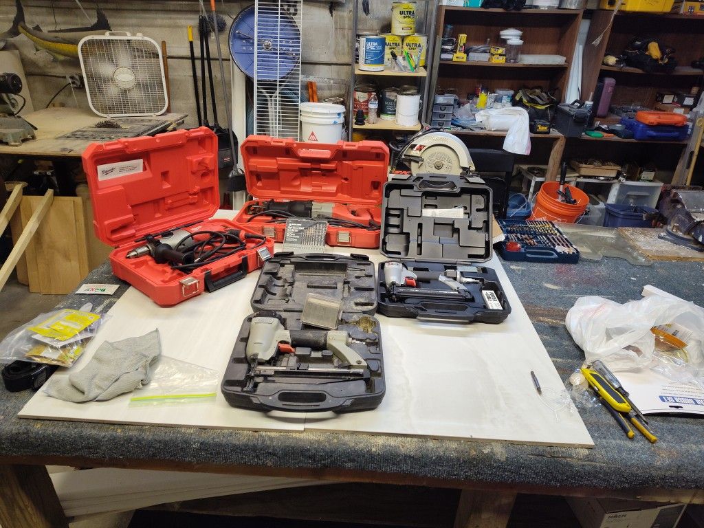 All Tools Have Been Lightly Used 10 Inch Black & Decker saw Milwaukee 3/8 Electric Drill Milwaukee Sawzall Two Pneumatic Finishing Nail Guns Package
