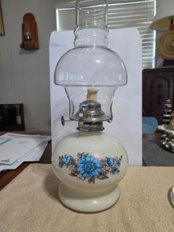 Vintage Floral Oil Lamp with Glass Chimney