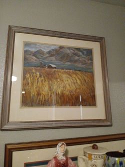 Framed Signed Custis Farm Wheat Field In A Valley With Mountains In The Background