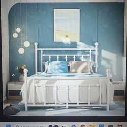Queen White Metal Bed Frame