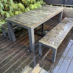 Outdoor Dining Set — Teak Table, Benches & Umbrella Stand