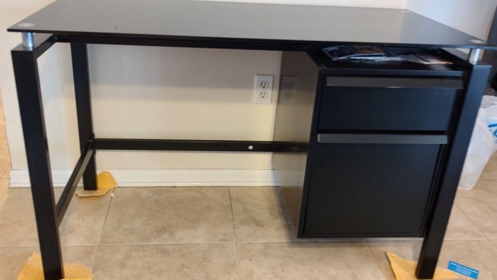 Black Metal And Glass Top Desk With File Drawers