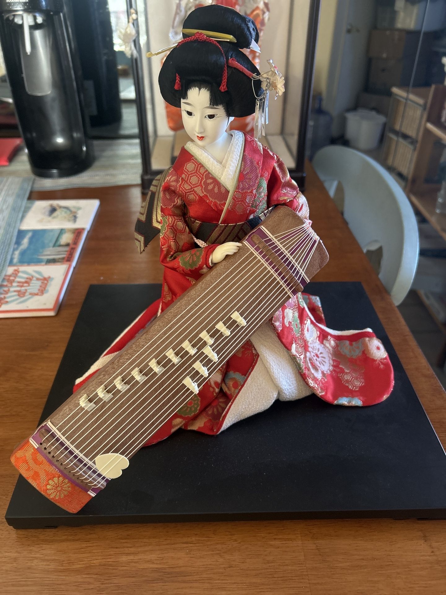 Vintage Japanese Geisha Doll Playing Koto Silk Kimono Mid Century
