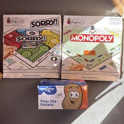 3 game /toy travel family lot- Sorry and Monopoly in Colorform travel paper version and It’s a Hot Potato Game