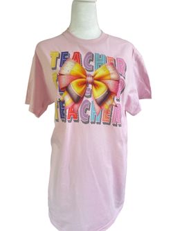 NWT Gildan  Adult  Medium Pink Short‎ Sleeve With DTF Teacher Bow