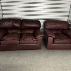 Maroon Leather Chair And Love Seat