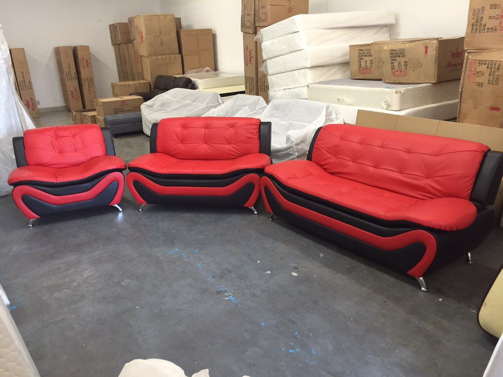 Red Leather Three Piece Couch Set
