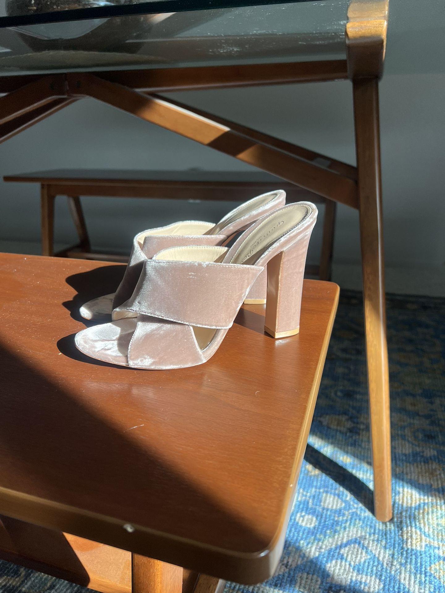 Gianvito Rossi mauve pink velvet cross strap block heel slip on mules 38.5