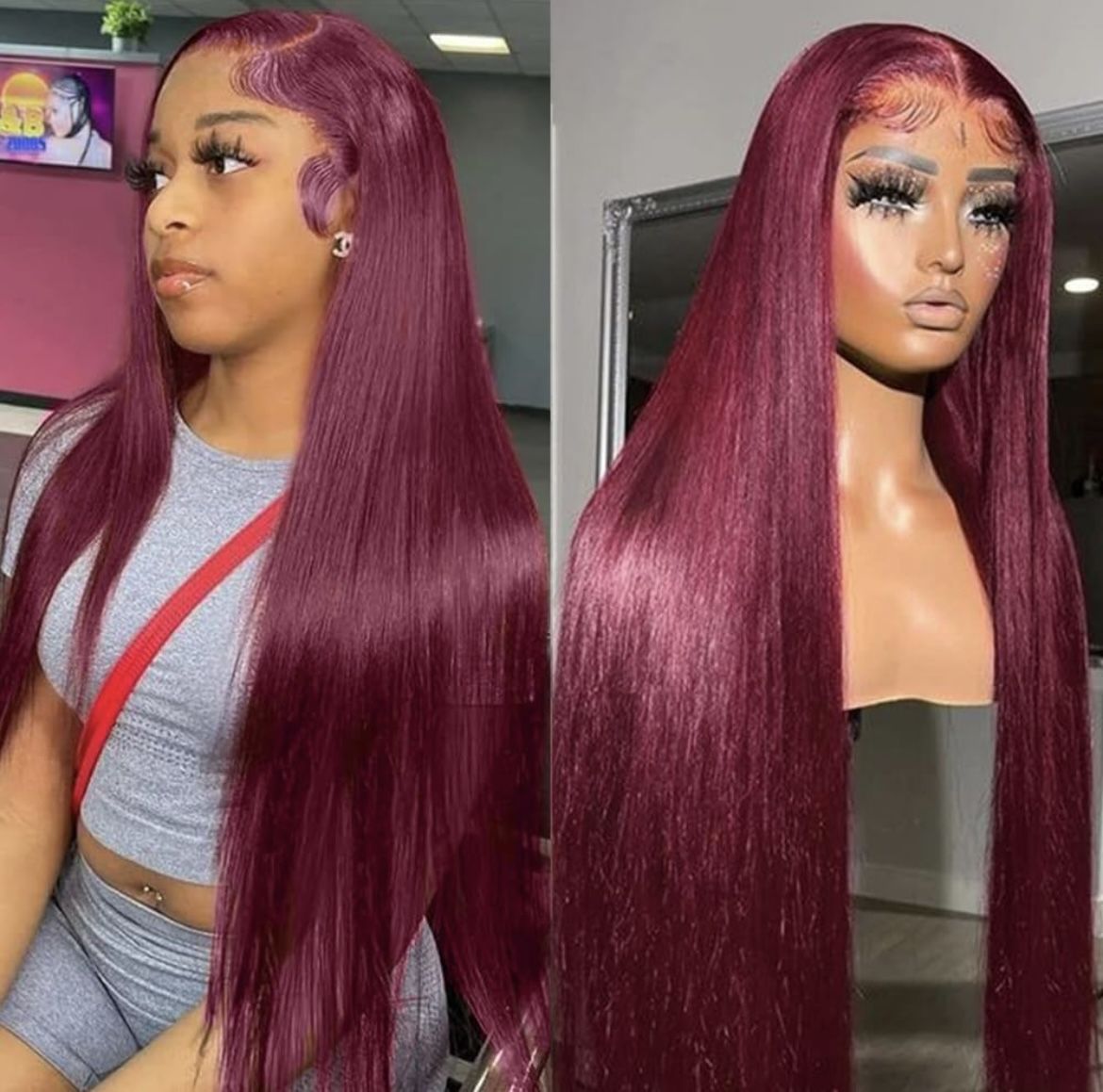 34 Inch 99j Straight Human Hair Lace Wig