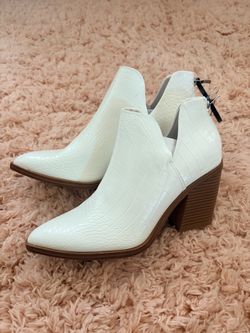 White Croc Embossed Block Heel Ankle Booties