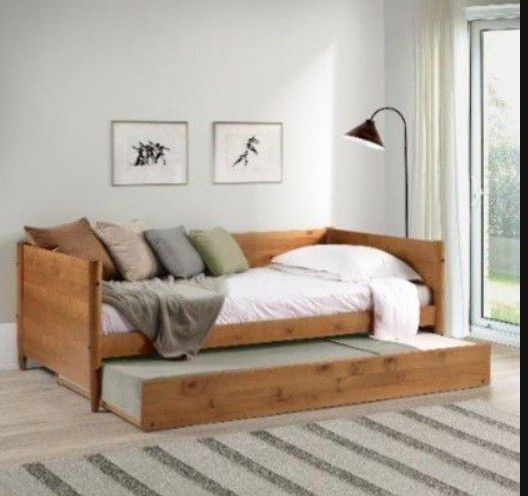 Mid-Century Modern Twin Size Day Bed with Trundle - Castanho Finish( Mattress Not Included)