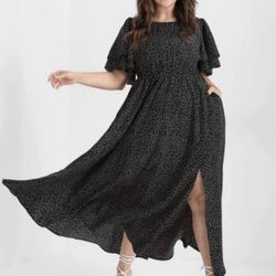 Bloomchic Women’s Size 14/16 Maxi Dress, black with white polka dots, new with tags